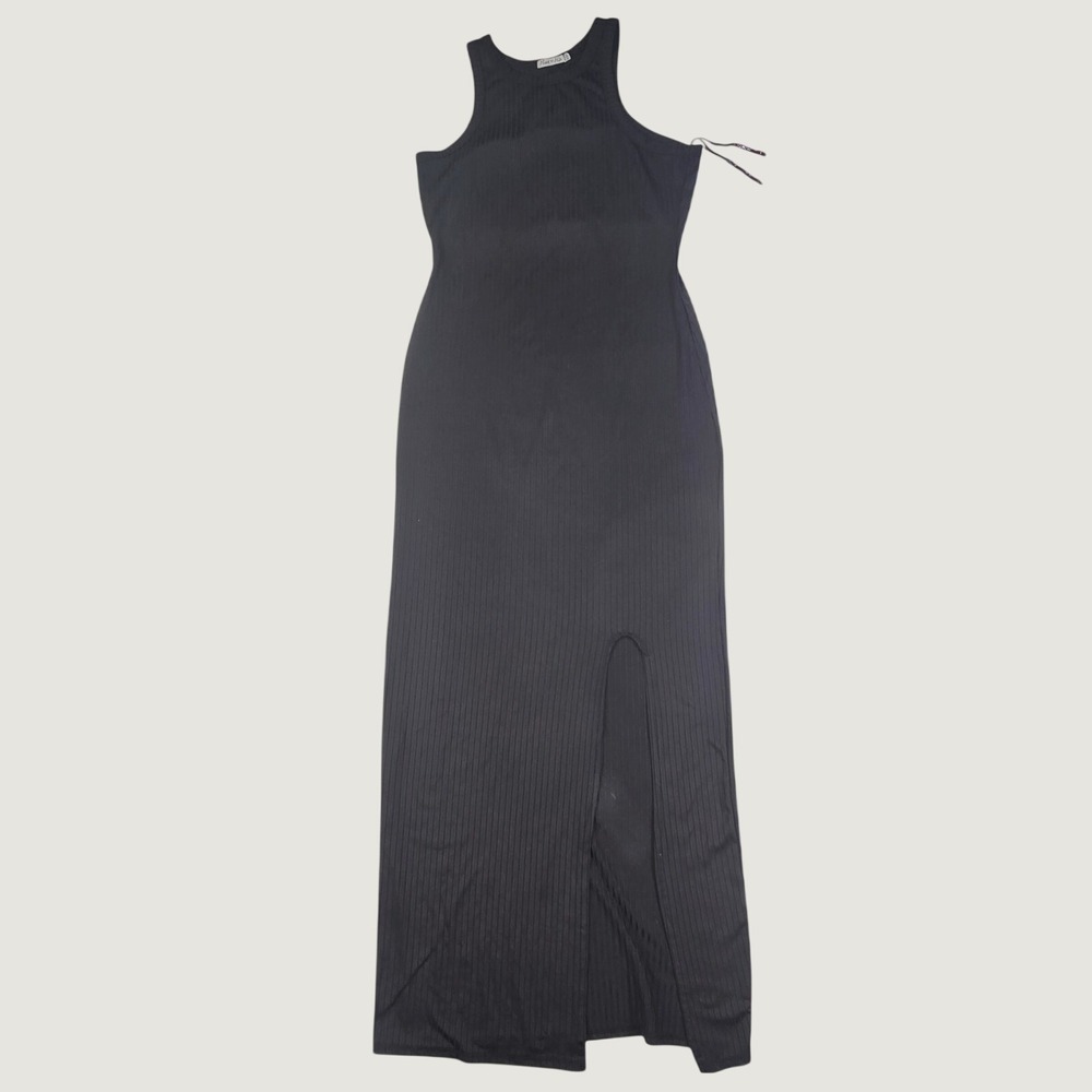 Heart & Hips Ribbed Maxi Dress Women's Large Black Sleeveless Side Slit Bodycon